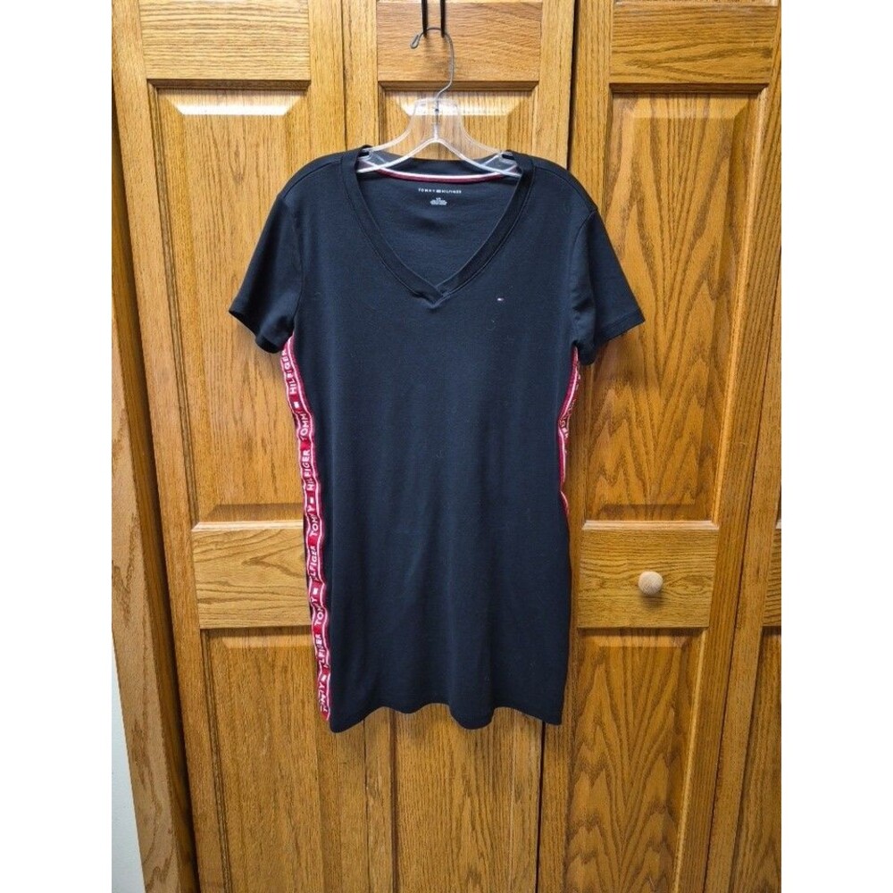 Tommy Hilfiger Womens LG Black V-Neck T-shirt Dress With Side Stripe